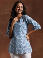 Blue Printed Cotton Straight Kurti - Image 2