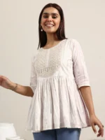 Off White Printed Cotton Anarkali Short Kurti