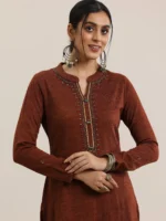 Rust Yoke Design Wool Straight Kurta - Image 2
