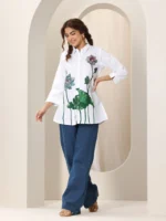 White Cotton Blend Straight Short Kurti - Image 3